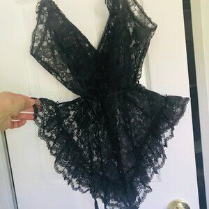 Vintage Black Lace Teddy Romper, Size M, Ruffled Lace Sleepwear